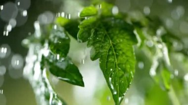 Su veren bitkilerin süper yavaş çekimi, bahçe konsepti, kamera hareketi. Yüksek hızlı sinema kamerası, 1000fps.