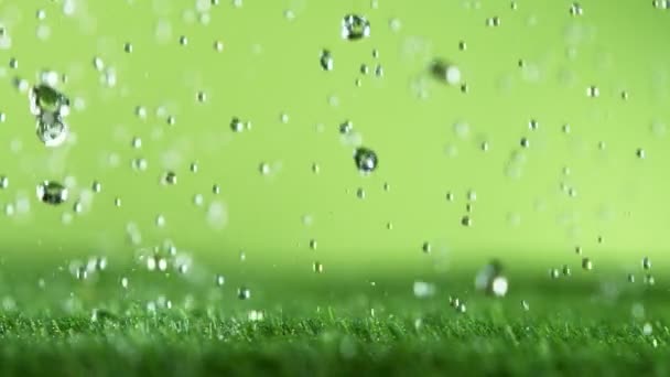 Super Cámara Lenta Gotas Agua Cayendo Césped Verde Macro Disparo — Vídeo de stock