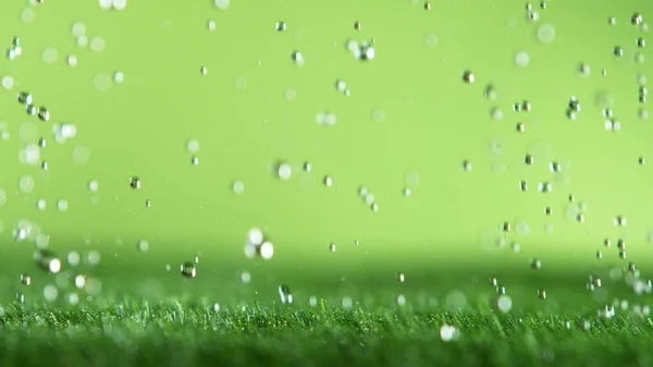 Freeze Motion Rain Drops Falling Grass Texture Studio Shot Artificial — Stock Photo, Image
