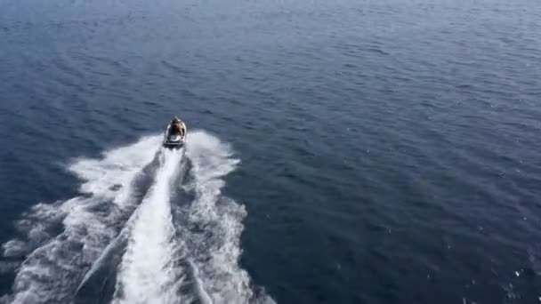 Aerial Drone Tracking Footage Jet Ski Speeding Sea Super Fast — Stock Video