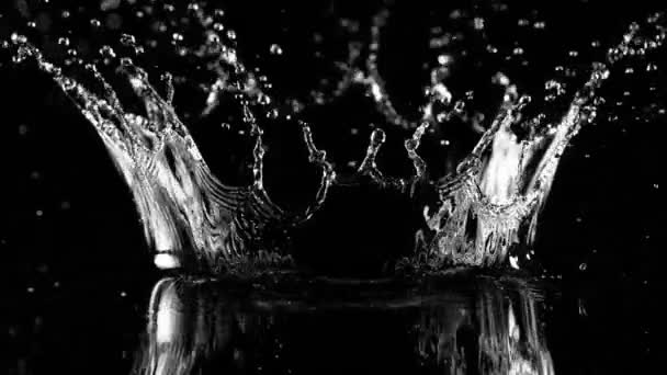 Super Slow Motion Spruzzi Acqua Forma Corona Sfondo Nero Girato — Video Stock