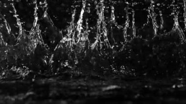 Siyah arka planda izole edilmiş çok yavaş su sıçratma hareketi. Yüksek hızlı sinema kamerası, 1000 fps..