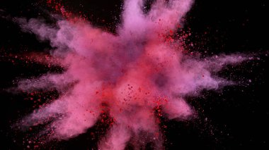 Renkli barut patlamasının hareketsiz hareketi. Siyah arkaplanda izole edilmiş, soyut şekil.