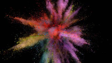 Renkli barut patlamasının hareketsiz hareketi. Siyah arkaplanda izole edilmiş, soyut şekil.