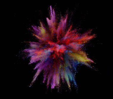 Renkli barut patlamasının hareketsiz hareketi. Siyah arkaplanda izole edilmiş, soyut şekil.