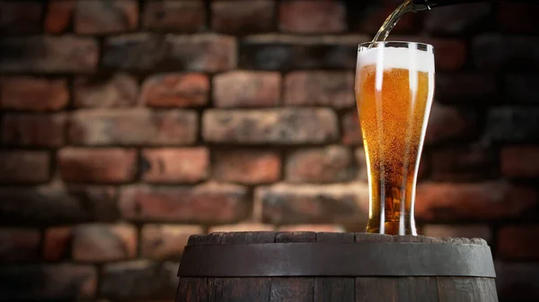 Pouring beer into pint, stylish brick wall on background. Fresh beverages and pub backgorund.