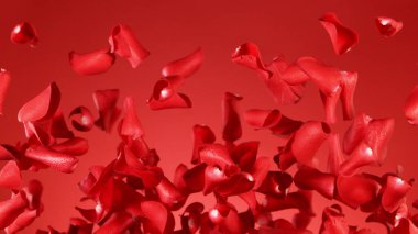 Kırmızı arka planda uçuşan gül yapraklarının hareketsiz hareketi. Stüdyo çekimi, soyut arkaplan.
