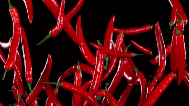 Σούπερ Αργή Κίνηση Ιπτάμενων Κόκκινων Καυτερών Πιπεριών Τσίλι Κινηματογραφήθηκε Κάμερα — Αρχείο Βίντεο