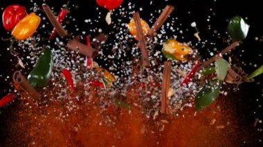 Uçan baharatların süper yavaş çekimi. Yüksek hızlı sinema kamerası, 1000 fps.