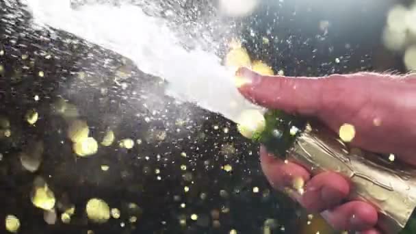 Super Slow Motion Champagne Explosion Opening Champagne Bottle Closeup Filmed — Stock Video