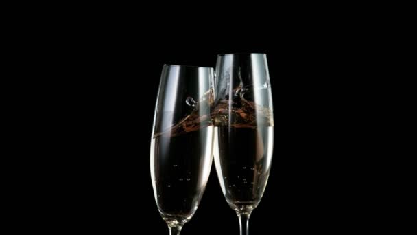 Super Slow Motion Having Toast Two Champagne Glasses Isolated Black — Stock Video