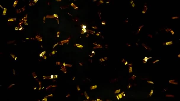 Super Cámara Lenta Confeti Dorado Volador Aislado Sobre Fondo Negro — Vídeo de stock