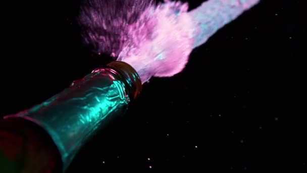 Super Slow Motion Champagne Explosion Opening Champagne Bottle Closeup Illuminated — Stock Video