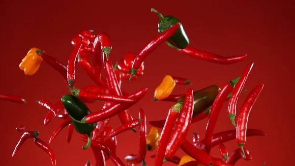 红热的辣椒在空中飞舞 冻结运动 以红色为背景隔离 — 图库照片