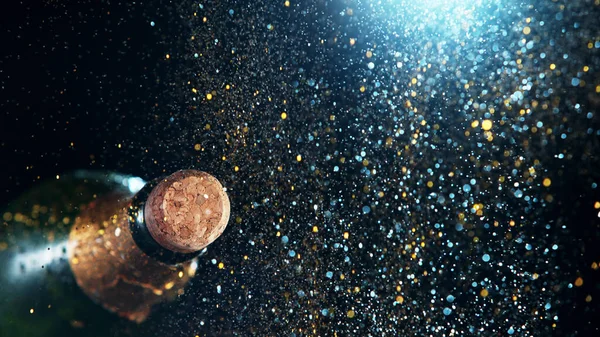 Champagne Explosie Bevries Beweging Van Vliegende Wijn Spatten Feestconcept Gelukkig — Stockfoto