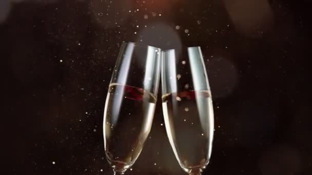 Super Slow Motion Having Toast Two Champagne Glasses Glittering Particles — Stock Video