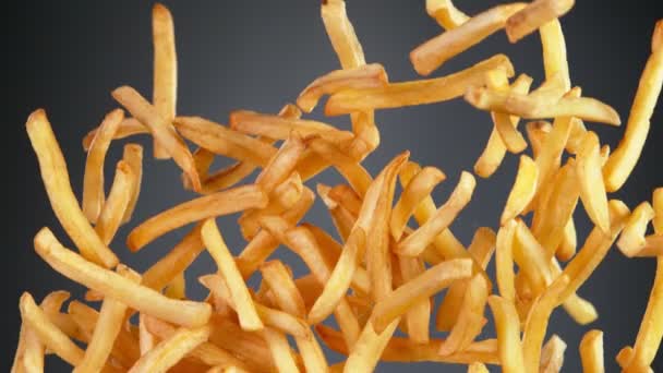 Super Slow Motion Flying French Fries Black Background Filmed High — Stock Video