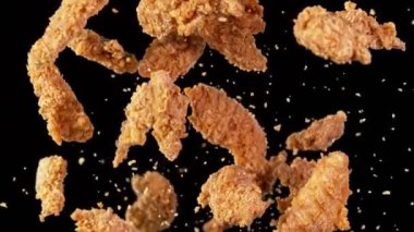 Siyah arka planda uçan kızarmış tavuk parçaları. Yüksek hızlı sinema kamerası, 1000fps