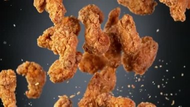 Siyah arka planda çok yavaş uçan kızarmış tavuk kanatları. Yüksek hızlı sinema kamerası, 1000fps