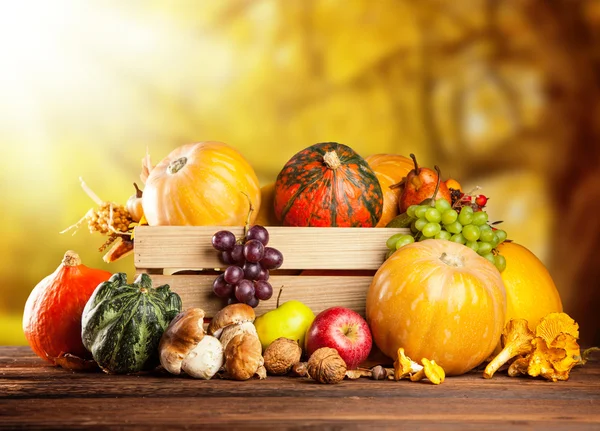 Autumn fruit and vegetable in wooden box — Stock Photo, Image