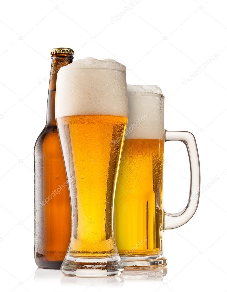 Beer glasses with bottle on white background