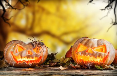 ahşap üzerine korkunç hallowen kabaklar