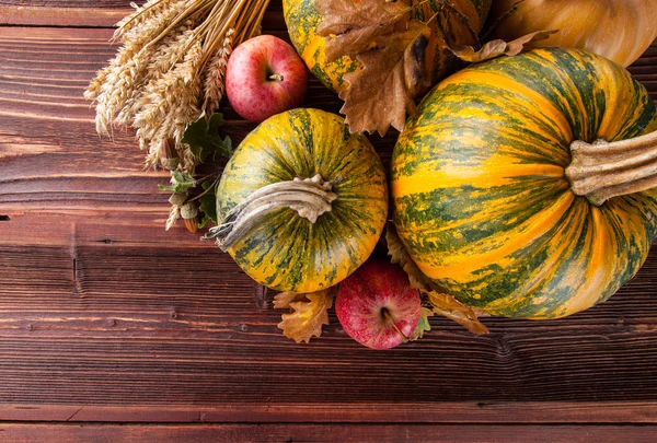 Autumn pumpkins on wooden planks — Stock Photo, Image