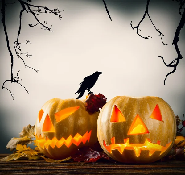 Halloween pumpkins ahşap koyu arka plan üzerine — Stok fotoğraf