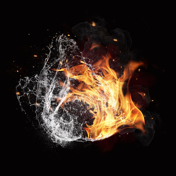 Fire and water elements on black background