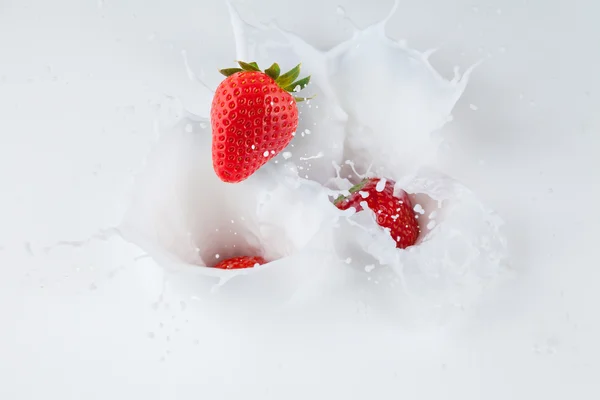 Fragole che cadono nel latte — Foto Stock