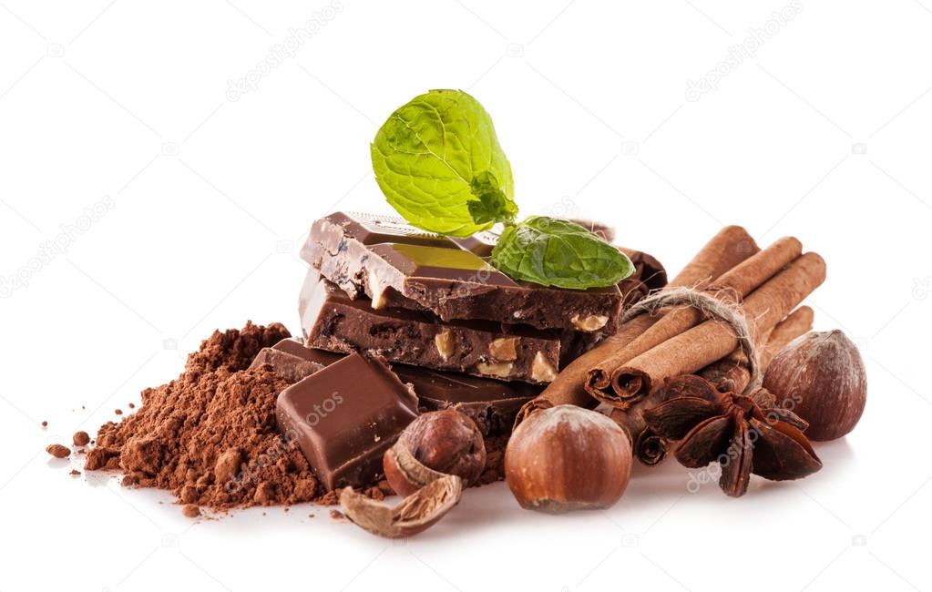 Pile of hazelnut cbocolate on white background
