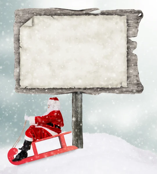Empty wooden sign in winter mood — Stock Photo, Image