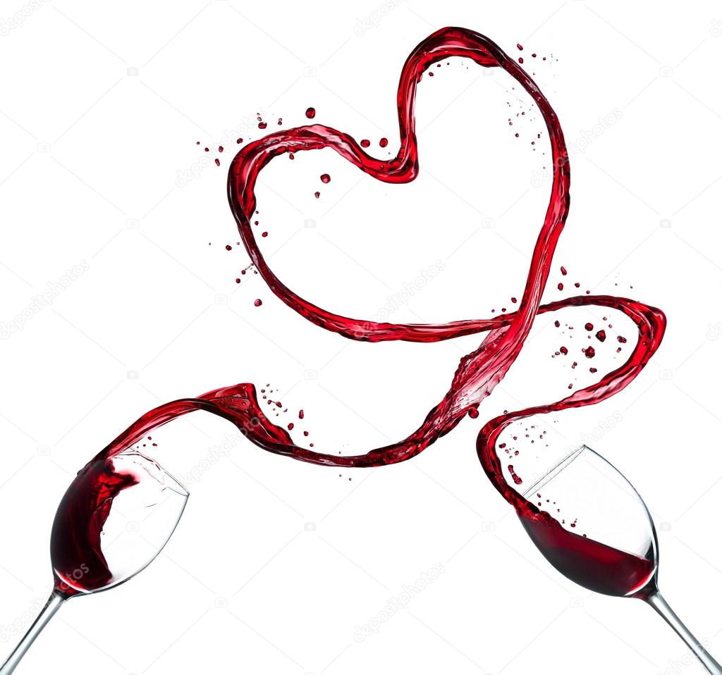 Red wine splash heart on white background