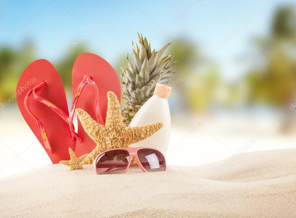 Summer beach with red sandals and shells — Stock Photo © jag_cz