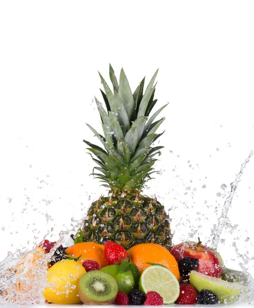Mix of fruits with water splashes on white — Stock Photo, Image