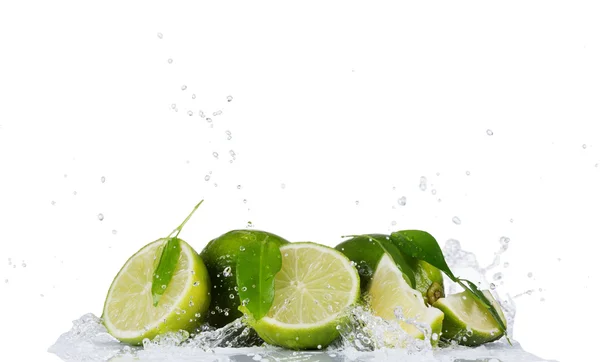 Limes avec éclaboussures d'eau sur fond blanc — Photo