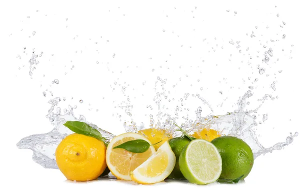Citrony a limetky s voda šplouchá na bílém pozadí — Stock fotografie