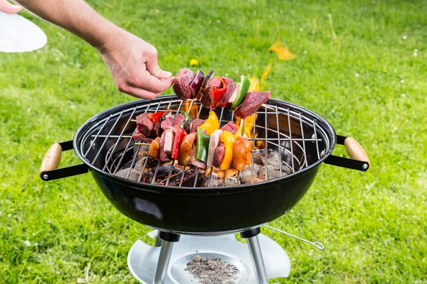 Ízletes zöldség és hús nyárson, grill — Stock Fotó