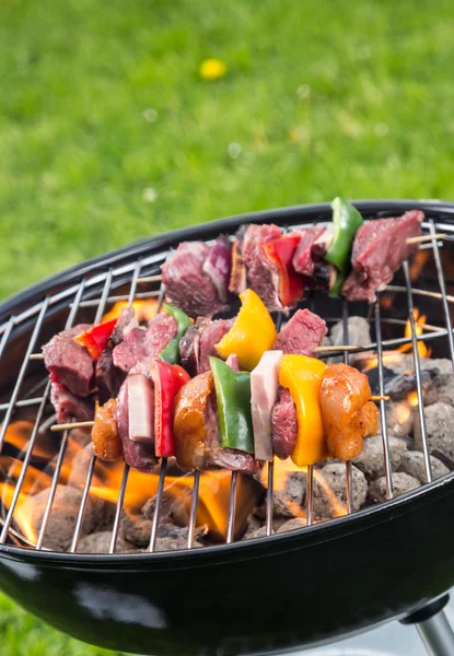 Delicious vegetable and meat skewer on grill — Stock Photo, Image