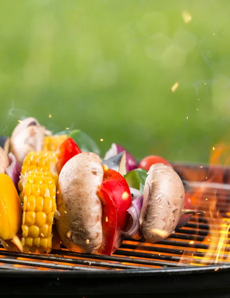 Delicious vegetable and meat skewer on grill — Stock Photo, Image