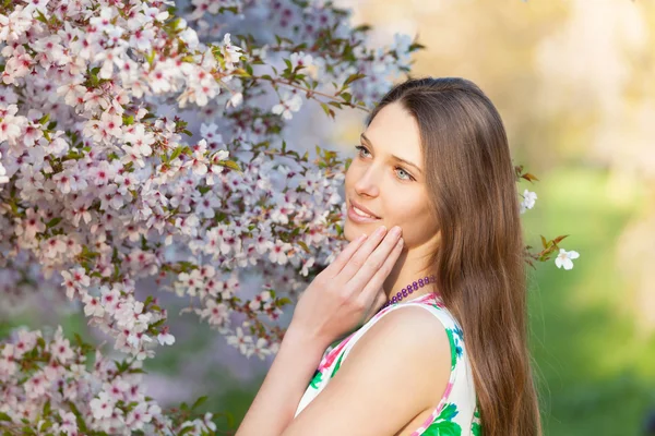 Beautiful  brunette woman in blooming orchard — Stock Photo, Image