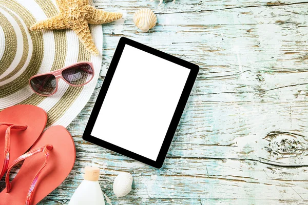 Summer concept with tablet and accessories — Stock Photo, Image