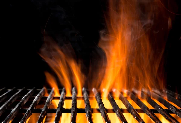 Empty grill grid with fire flames on black — Stock Photo, Image