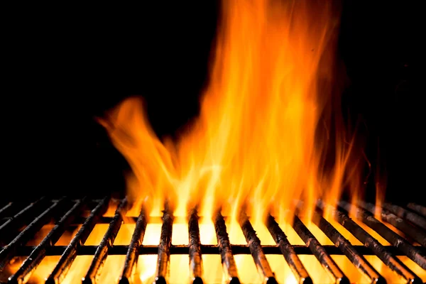 Empty grill grid with fire flames on black — Stock Photo, Image
