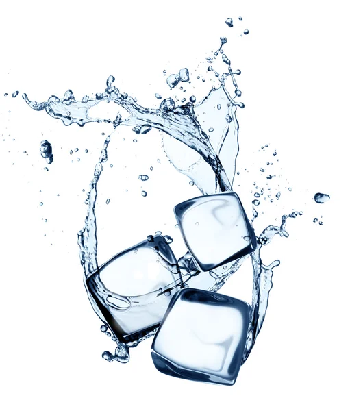 Ice cubes in water splashes isolated on white — Stock Photo, Image