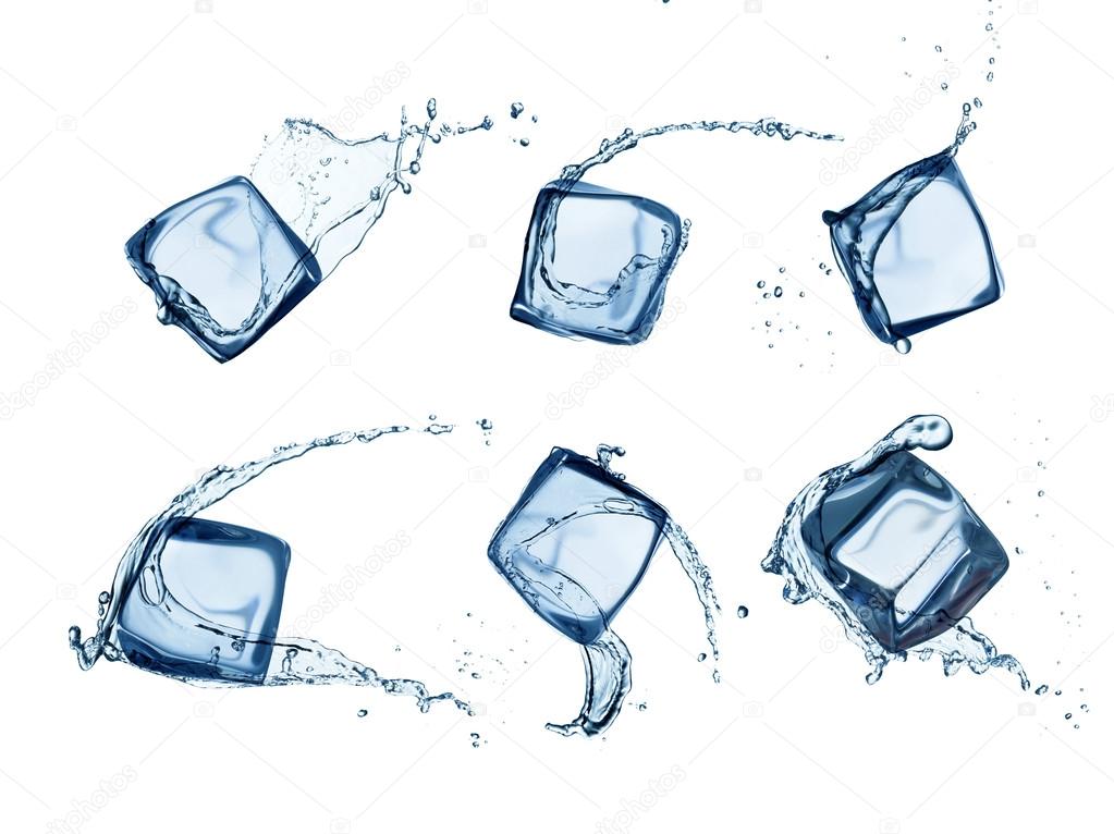 Ice cubes in water splashes isolated on white