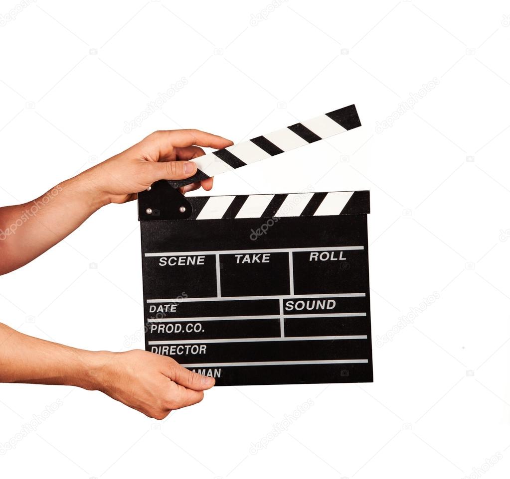 Man with film clapper on white background