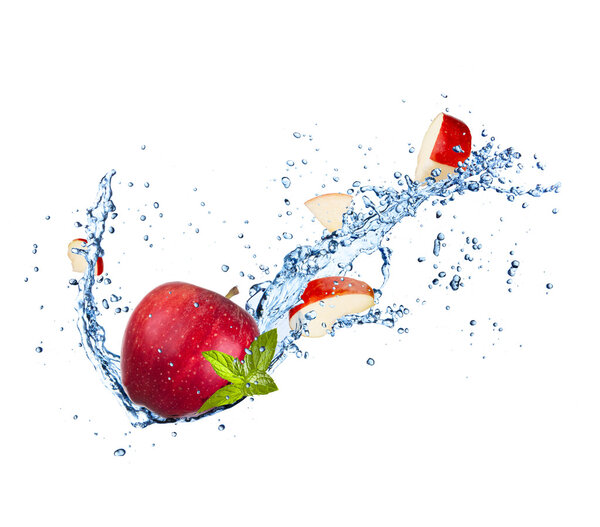 Fresh apple in water splash on white backround