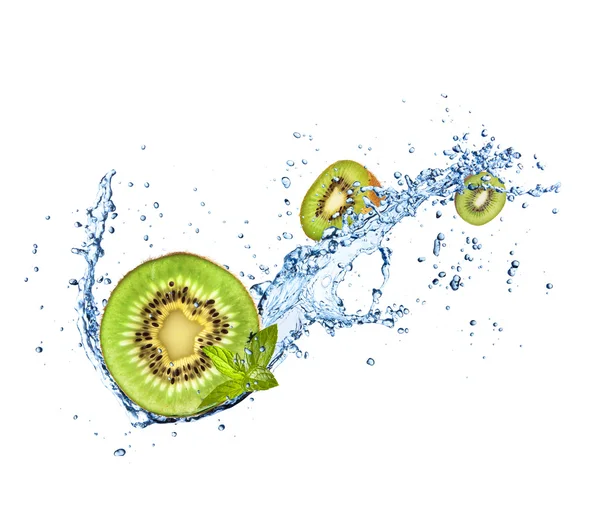 Fresh kiwi in water splash on white background — Stockfoto