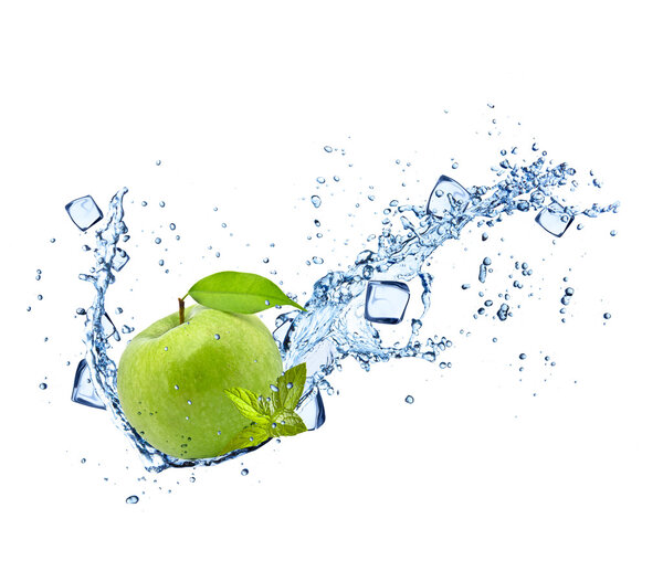 Green apple with water splashes on white